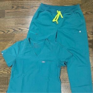 FIGS XL Petite Teal Scrub Set with Yellow Drawstring